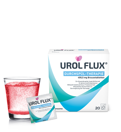 UROL FLUX Packshot mit Glas und Packung.